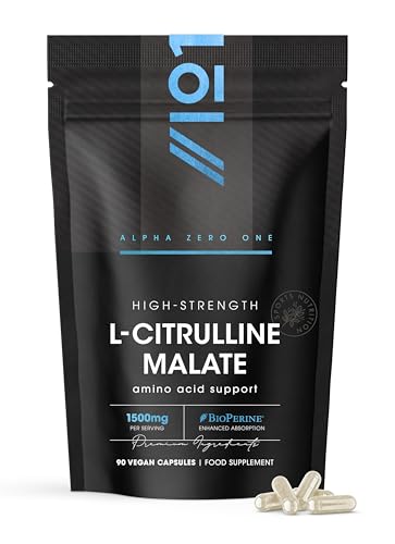 L-Citrulline Malate 1500mg with BioPerine - 90 Vegan Capsules - High Strength Fermented Amino Acid Supplement - 45 Day Supply - Resealable and Recyclable Pouch by Alpha01