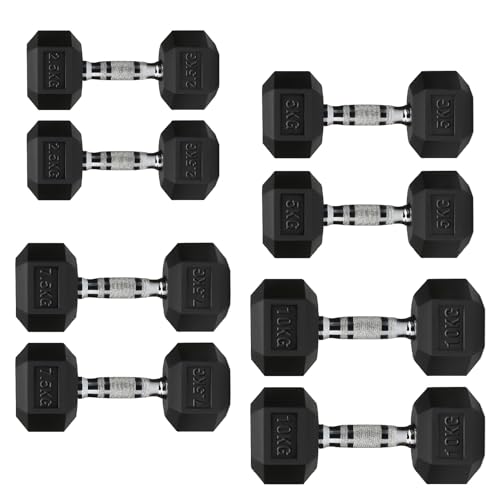 Hex Dumbbells Rubber Coated Cast Iron Knurled Metal Handles Anti-Roll Hex Design for Home Gym Strength Training and Weight Lifting 1kg to 30kg Pairs and Sets (2.5 to 10kg Set- 2.5kg Increment)