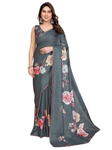 Image of Satrani Women's Tussar Silk Floral Printed Saree with Unstitched Blouse Piece