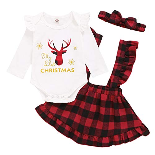 Hinzonek Robe de Noël pour Nouveau-né Fille avec tête d'élan et Jupe à Volants (0-3 Mois, Rouge) Cover