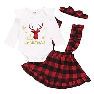 Kerst Pasgeboren Baby Meisje Jurk Outfit Elk Hoofd Romper Plaid Ruches Jarretel Rok Hoofdband Set