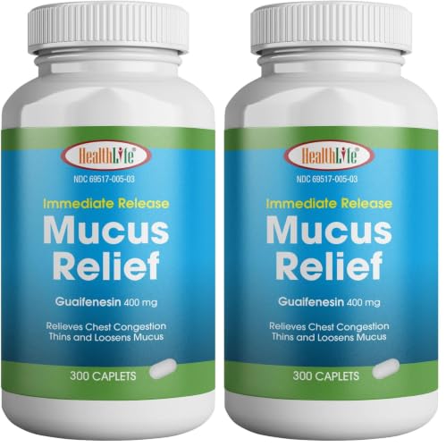 Image of HealthLife Mucus Relief Guaifenesin Caplets 400 mg, Immediate Release (300 Count) Fast Acting Expectorant, Thin and Loosens Mucus, Relieves Chest Congestion, Cough, Cold and Flu (Pack of 2)