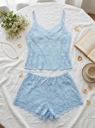 Image of Avidlove Sexy Pajama Set for Women Floral Lace Lingerie Set Sheer Sleepwear See Through Cami Shorts 2 Piece