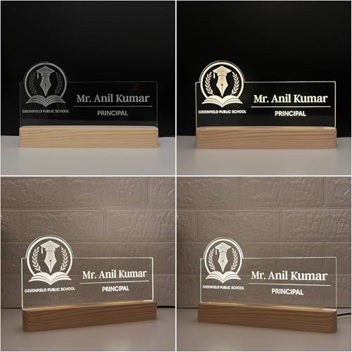 Image of Customised Acrylic Desk Name Lamp for Principal | Custom LED Light with School College Logo | Best Birthday Rakhi New Joining Office Gift for Vice Principal, Headmaster, Headmistress, School Director Admin Teacher (10 x 6 inch) (For Principal)