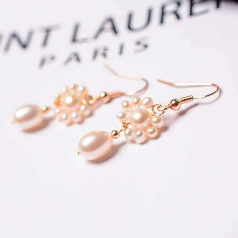 Pendientes de perla de agua dulce plateados en oro de 14K - Diseño de aro de gota tejido a mano, pendientes delicados, elegantes y ligeros para uso diario