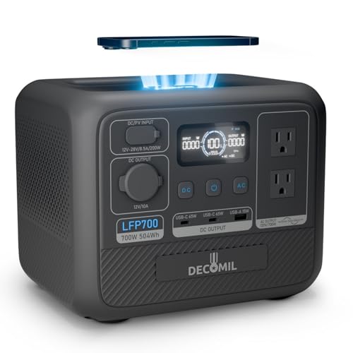 DECOMIL LFP700 Portable Power Station, 504Wh LiFePO4 Battery, 700W AC Output (1200W Peak), Wireless Charging, 80% in 50 Min, Solar Generator for Camping, Emergency, Home Backup (Solar Optional)