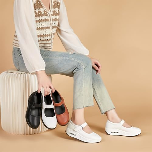 EnllerviiD Women Mary Jane Shoes Buckle Air-Cushion Casual Chunky Heel Round Toe Uniform Dress Platform Wedge Shoes Comfort Pumps Walking Shoes All-White404