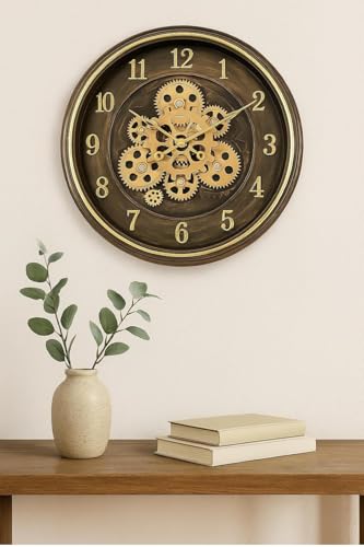 Image of Large Size 35 cms Rotating Moving Gears Wall Clock Industrial Steampunk Real Moving Gear Designer Wall Clock for Living Room Home Decor Office Wooden Look Plastic Round 14 Inch (Brown)