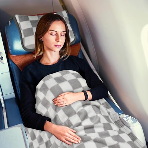 Image of Travel Blanket and Pillow Compact, Premium Soft 2 in 1 Airplane Blanket with Soft Bag Pillowcase,Hand Luggage Sleeve and Backpack Clip (Grey Checkered)