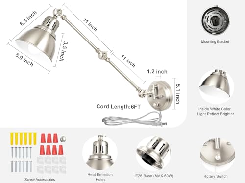 Image of 1 Pack Plug in Wall Sconce, Dimmable On Off Switch, Swing Arm Wall Lamp, Brushed Nickel Metal Industrial, Plug in Wall Light (Brushed Nickel, Without Bulb+Remote)