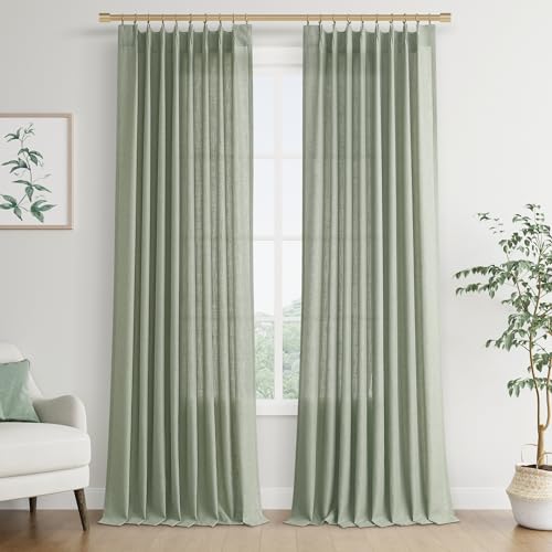 Joywell Textured Linen Pinch Pleated Curtains 120 Inches Long,Back Tab Semi Sheer Window Primitive Drapes with Hooks for Bedroom Living Room,W50 x L120,Sage Green,2 Panels Set Floor to Ceiling