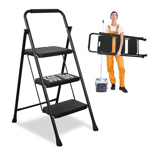 3 Step Ladder, Protable Steel Folding Stool with Wide Anti-Slip Pedal, 500lbs Sturdy Steel Ladder, Black