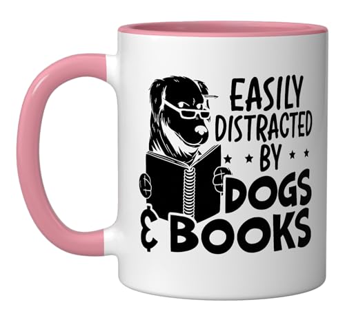 Easily Distracted By Dogs & Books Puppy Lover Bookworm Ceramic Mug, Pink/White