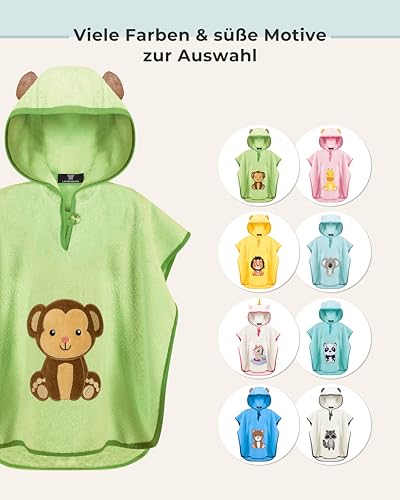 LAYNENBURG Premium Badeponcho Kinder mit Kapuze - 100% Baumwolle - OEKO TEX - Baby Jungen Mädchen Handtuch Poncho Frottee - 1-3 Jahre/Affe