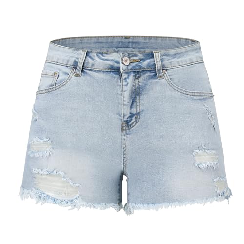 Image of THUNDER STAR Women Mid Rise Ripped Stretchy Jeans Shorts Frayed Raw Hem Casual Denim Shorts