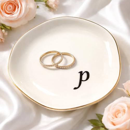 TIGYGY Initial Ring Dish - White Ceramic Jewelry Tray for Nightstand & Sink, Anti-Loss Trinket Organizer, Meaningful Engagement or Birthday Gift for Women, Sister, Friends (Letter P)