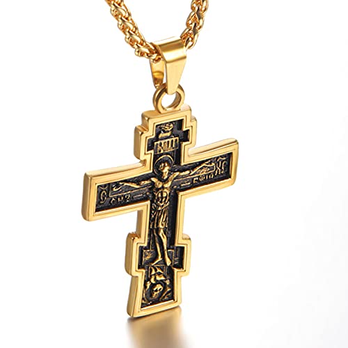 U7 Russian Orthodox Cross Pendant/Praying Hands/Ichthys Sign for Men Women Stainless Steel 18K Gold Plated Jesus Pendant Christian Religious Necklaces, Length 22" Silver Black Gold3
