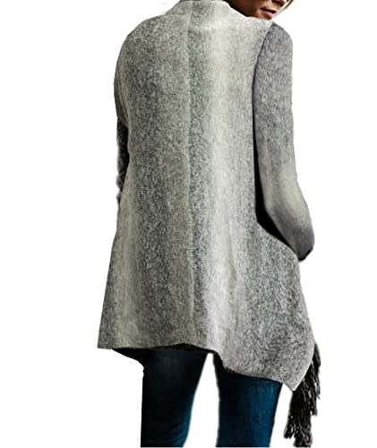 Image of Women's Open Front Knited Tassels Slash Loose Cardigan Crew Neck Speckled Fringe Sweater Outwear