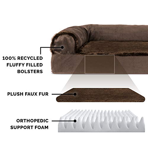 Image of Furhaven Orthopedic Dog Bed for Medium /Small Dogs w / Removable Bolsters & Washable Cover, For Dogs Up to 35 lbs - Plush & Velvet L Shaped Chaise - Sable Brown, Medium