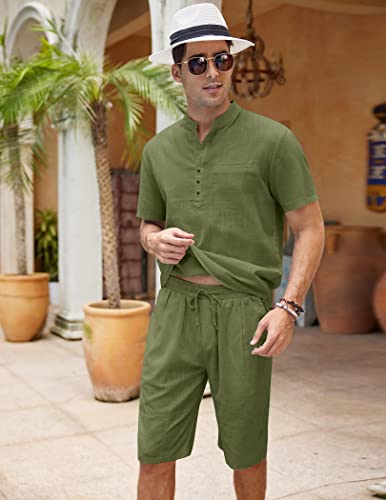 Coofandy Men's Two Piece Outfits Linen Beach Short Sets 2 Piece Summer Tracksuit Casual Hippie Henley Shirts Yoga Shorts Outfits #TOP2