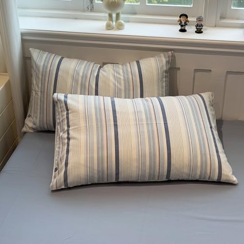 Image of mixinni Vintage Blue and White Striped Duvet Cover Set King - 100% Washed Cotton 3 Piece Bedding Set with Geometric Pattern, Soft Breathable Comforter Cover with Zipper Closure & Corner Ties
