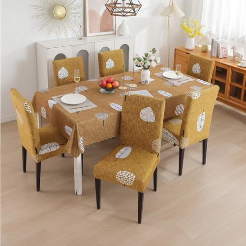 Image of Styleys Dining Chair Cover with Table Covers for Kitchen Waterproof Dining Table Cloth (1 Table Cover + 6 Chair Cover, Mustard Flower, CTSD3130)