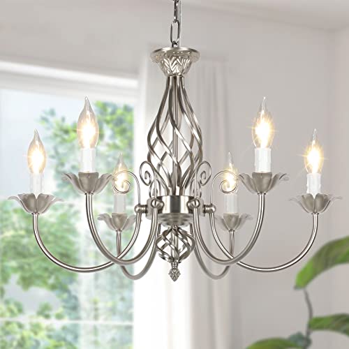 6-Light Farmhouse Candle Chandelier For Living Room, Rustic Industrial Pendant Ceiling Light Fixture, Brushed Nickle Modern Ceiling Hanging Lamp For Bedroom Hallway Kitchen Dining Room Foyer, E12 Base #TOP14