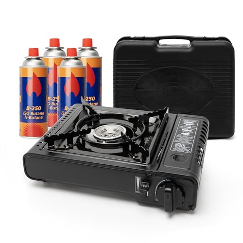 BESCH Hornillo de Gas Portátil para Acampada con Maletínn + 4 Cartucho de Gas Butano - Estufa de Camping con Protecc'on contra Sobrecalentamiento Compatible con Cartuchos de Gas Butano