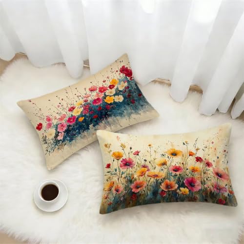 Housse de Coussin 40x60 cm en Lin Imperméable Fleur Moutarde Lot 2