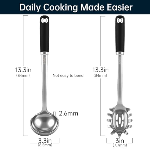 Safring Stainless Steel Soup Ladle and Spaghetti Spoon Set, Heat Resistant Rubber Handle, Dishwasher Safe, Kitchen Utensils for Cooking, Stirring, Serving Pasta, Soup & Sauce - Image 3