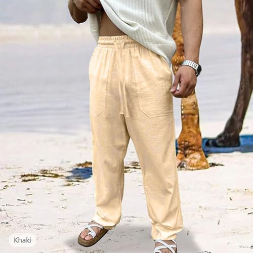 Mens Cotton Linen Pants Lightweight Big and Tall Elastic Drawstring Waist Lounge Beach Pant Loose Comfy Summer Pants2