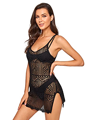 Verdusa Women's Split Side Sleeveless Hollow Out Crochet Bikini Cover Up Dress4