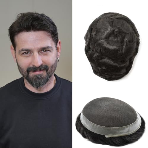 Hair Wonders Men's Toupee - Real Human Hair Swiss Lace Hairpiece Breathable Replacement System 8x10 Medium Light Density #1B10 1B OFF BLACK+10% GREY