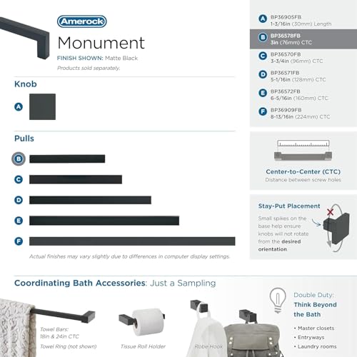 Image of Amerock | Cabinet Pull | Matte Black | 3 inch (76 mm) Center to Center | Monument | 1 Pack | Drawer Pull | Drawer Handle | Cabinet Hardware
