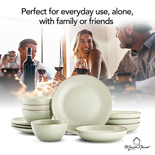 Riverside Collection By Maison Neuve 12-Piece Dinnerware Set Service For 4 - Hand Crafted Bowls And Plates Set, Stoneware Dinnerware Set, Microwave & Dishwasher Safe Plate Set - Sage Green #TOP6