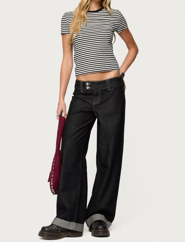 Women Striped Shirt Short Sleeve Crew Neck Baby Tees Y2k Going Out Crop Top Streetwear - Image 4