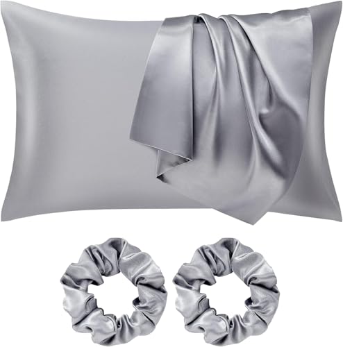 Seiwohl Satin Pillowcase for Hair and Skin Grey Satin Pillow Cases 2 Pack with Hair Scrunchies for women Soft as Silk Pillowcase Cooling Pillow cases with Envelope Closure Standard Size 50x75 cm