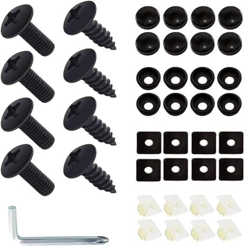Sinytuto 8 PCS Car License Plate Screws with Installation Tools, Waterproof Durable Metal Vehicle Fastening Parts Kit, Universal Automotive License Plate Frames Accessories for Truck SUV Car (Black)