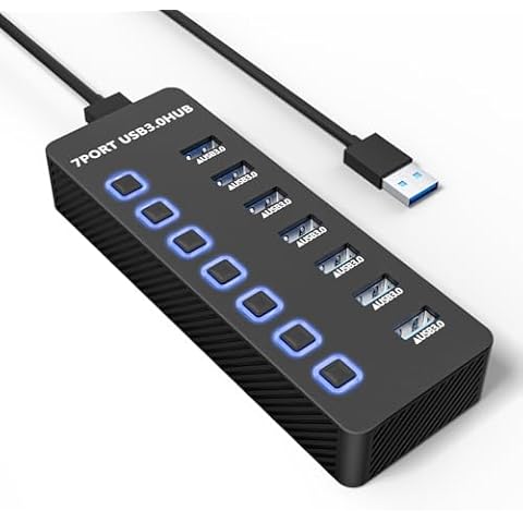 ONFINIO USB Hub 3.0 7 Port, USB Data Hub Splitter with LED Individual On/Off Switches and Lights, 5Gbps High Speed USB Port Expander for MacBook, Mac Pro, Mac Mini, iMac, Surface Pro, XPS, PC Cover