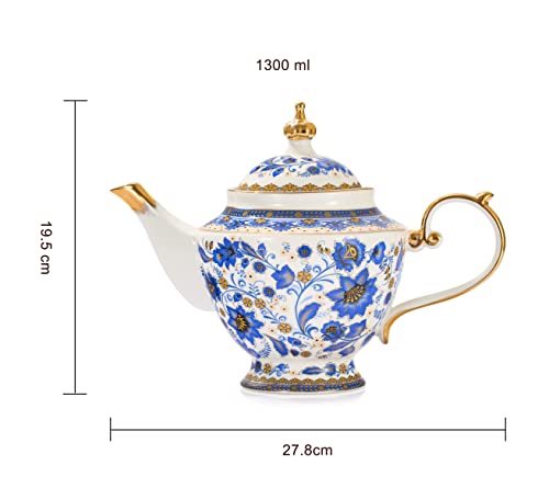 Fine Bone China Tea Set With Teapot, Teacups & Spoons & Saucers 13-Pieces Blue, Porcelain White & Gold Detailed Dream Vintage Floral - Coffee & Teas, Gifts For Mom, Her, Housewarming, Wedding Service #TOP3