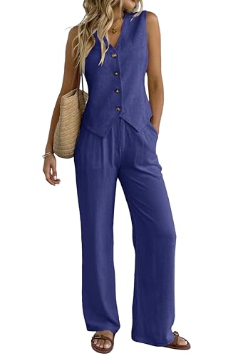 heipeiwa Women's 2 Piece Outfits Linen Vest Waistcoat Dressy Casual Sets Wide Leg Pants Suits, Blue, Medium