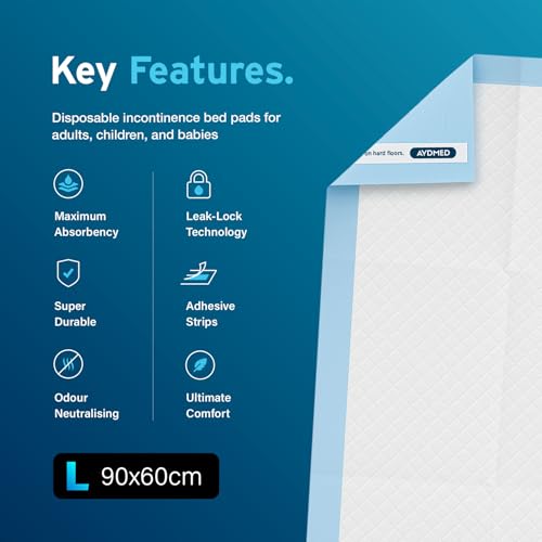 30 x AYDMED Incontinence Bed Pads 90 x 60cm | Adhesive Strips | Large Disposable Incontinence Pads | Maximum Absorbency Incontinence Bed Sheets For Adults, Children & Babies | 1,200ML Capacity
