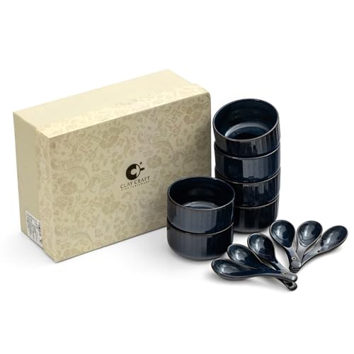 Image of Clay Craft Fine Ceramic 12-Piece Soup Bowl Set | 6 Soup Bowls with 6 Spoons | Striped Glossy Design | 350 Ml Capacity | Microwave & Dishwasher Safe | Ideal for Soup, Snacks & Noodles | Midnight Blue