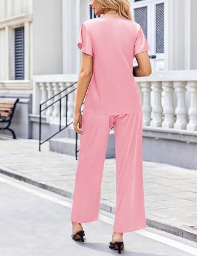 Image of Ekouaer Women's Satin Silky Pajama Set 2 Piece Short Sleeve Shirt with Long Pants Pjs Sets Soft PJ Loungewear S-XXL