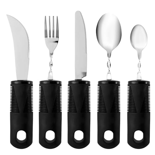 ZJRDYYK 5PCS Adaptive Utensils, Easy Grip Silverware Set, Built Up Bendable Fork, Built Up Utensils for Arthritis Parkinsons Hand Tremors Ederly Adults Kids Eating