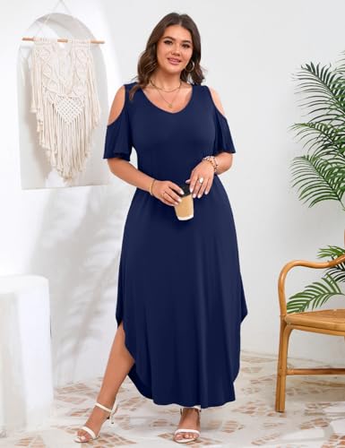 Image of JollieLovin Womens Plus Size Casual Summer Maxi Long Dress Cold Shoulder V Neck Beach Sundresses