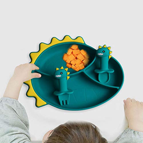 Yardwe Conjunto de talheres de silicone com 3 peças de dinossauros de desenho animado para bebê