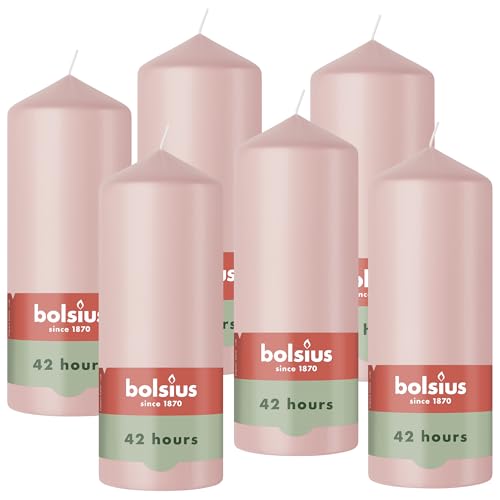 Bolsius - Essentials - Bougie Pilier - Pastel Rose- 15cm - 6 Pièces - Bougie Décorative - Contient Cire Végétale Naturelle - sans Huile de Palme