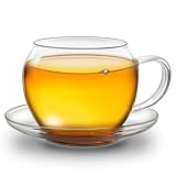 Creano XXL Tea Cup with Handle - Jumbo - with Integrated Stainless Steel Sieve, Lid and Saucer - in a Set with 2 Blooming Tea in Cupsize, 450Ml- Transparent, 3 Piece Set - Image 5