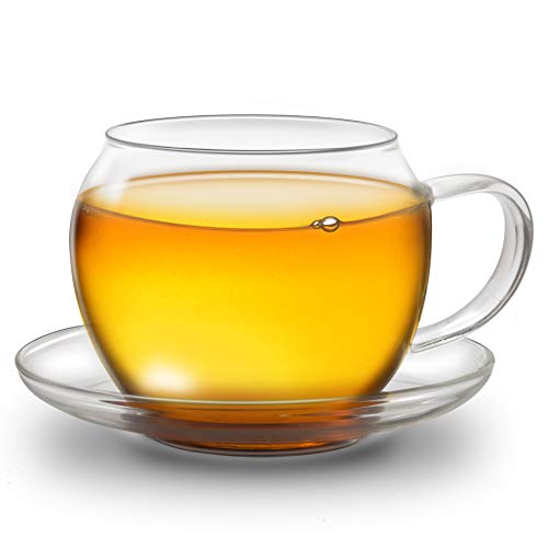 Creano Jumbo Tea Cup with Handle and Integrated Stainless Steel Strainer, Glass lid and Saucer | 450ml